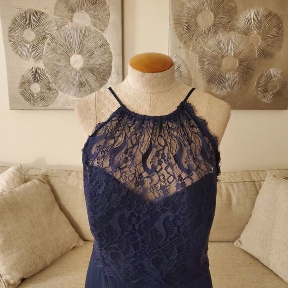 Haley Paige Lace Halter Overlay Chiffon Gown - Picture 5 of 14